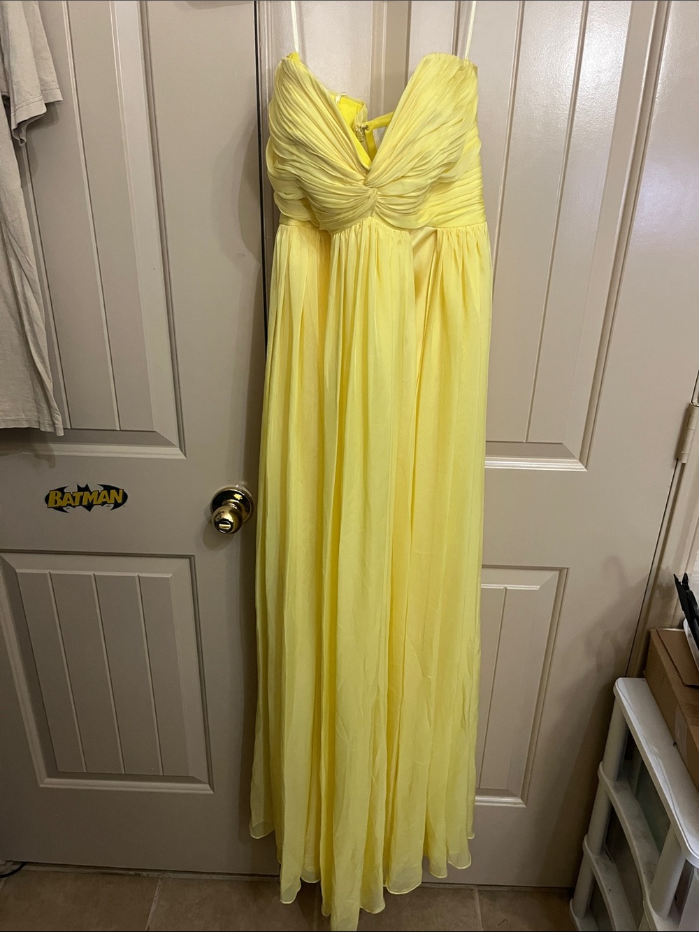 Strapless Yellow Pleated Chiffon Maxi Dress